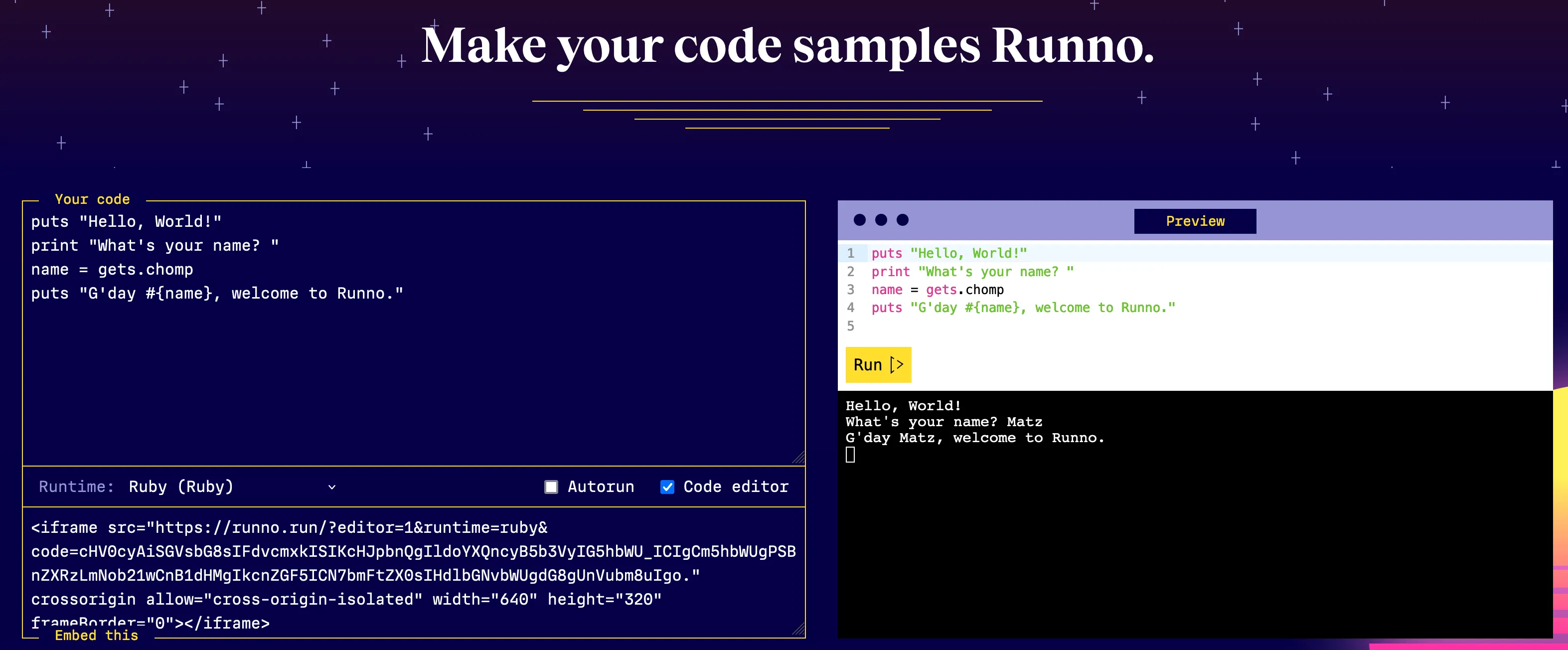 Screenshot of the Runno website with Ruby support