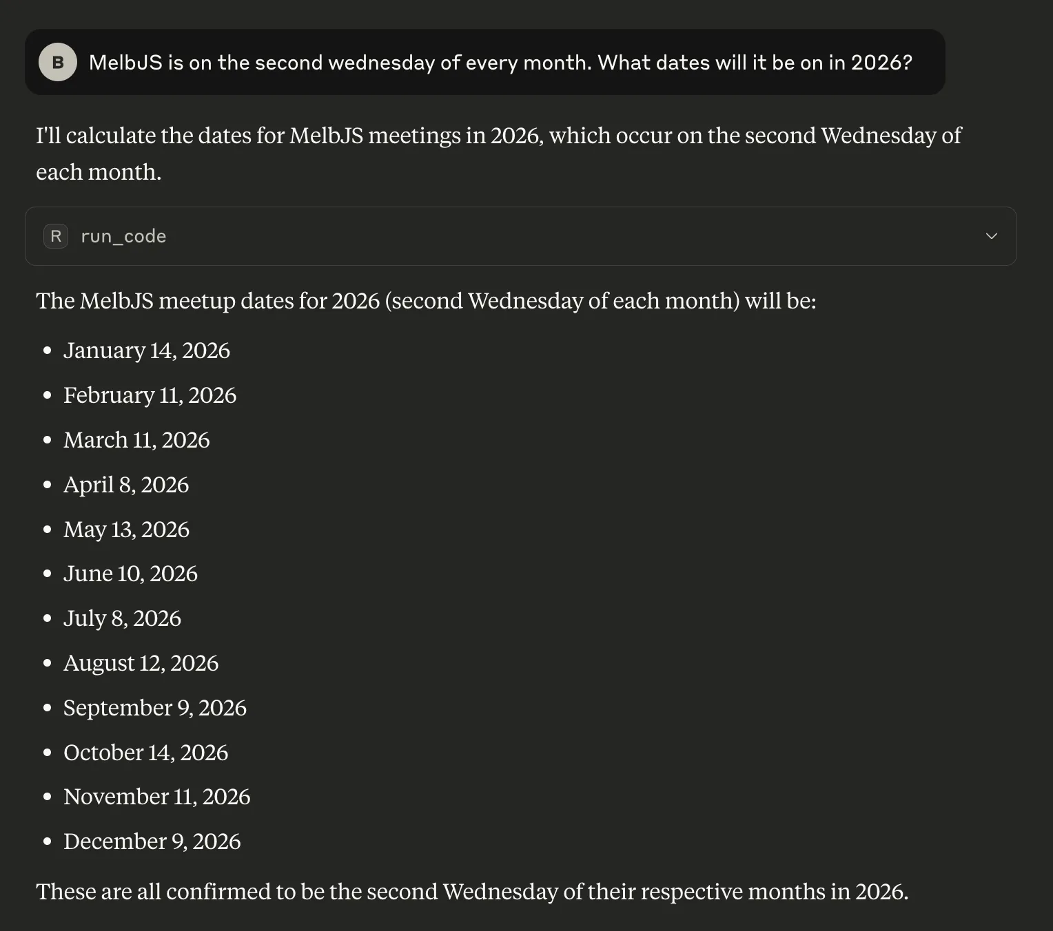 A screenshot of Claude using the run_code tool to calculate the dates MelbJS is on