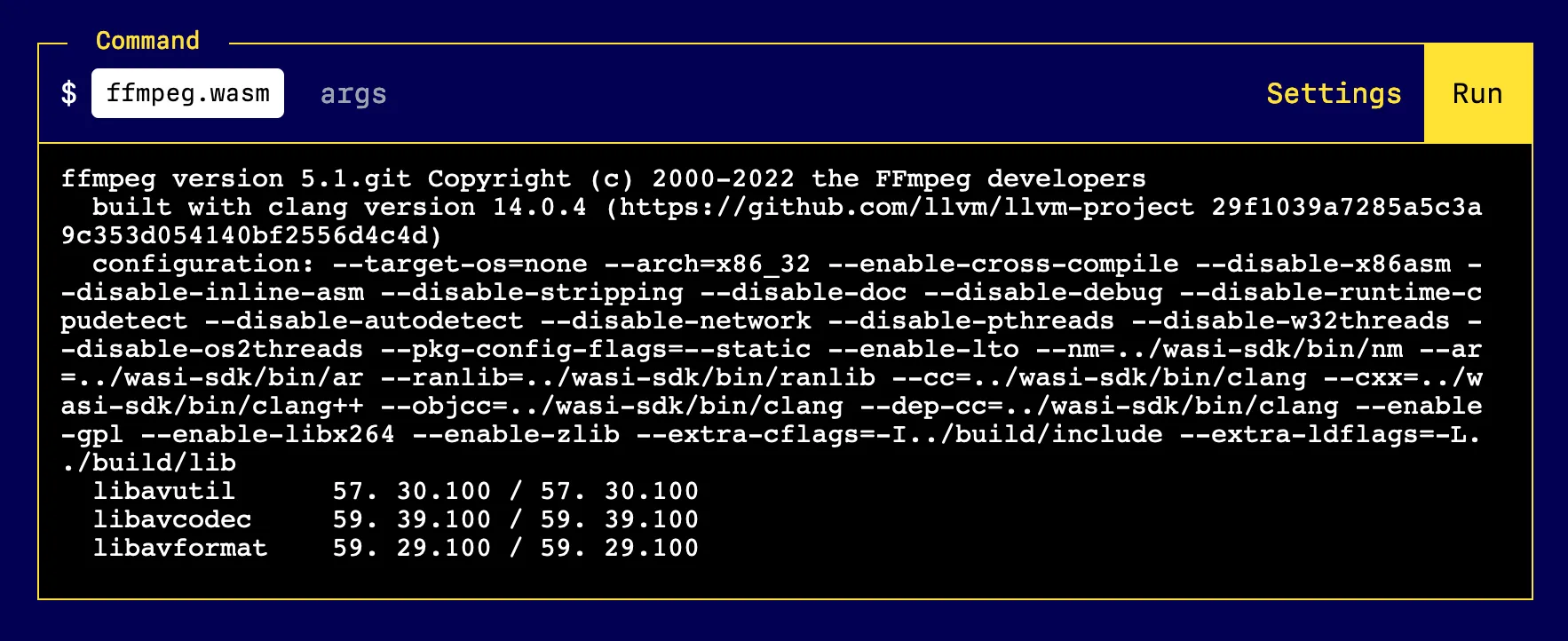 Screenshot of FFmpeg running in WASI Playground