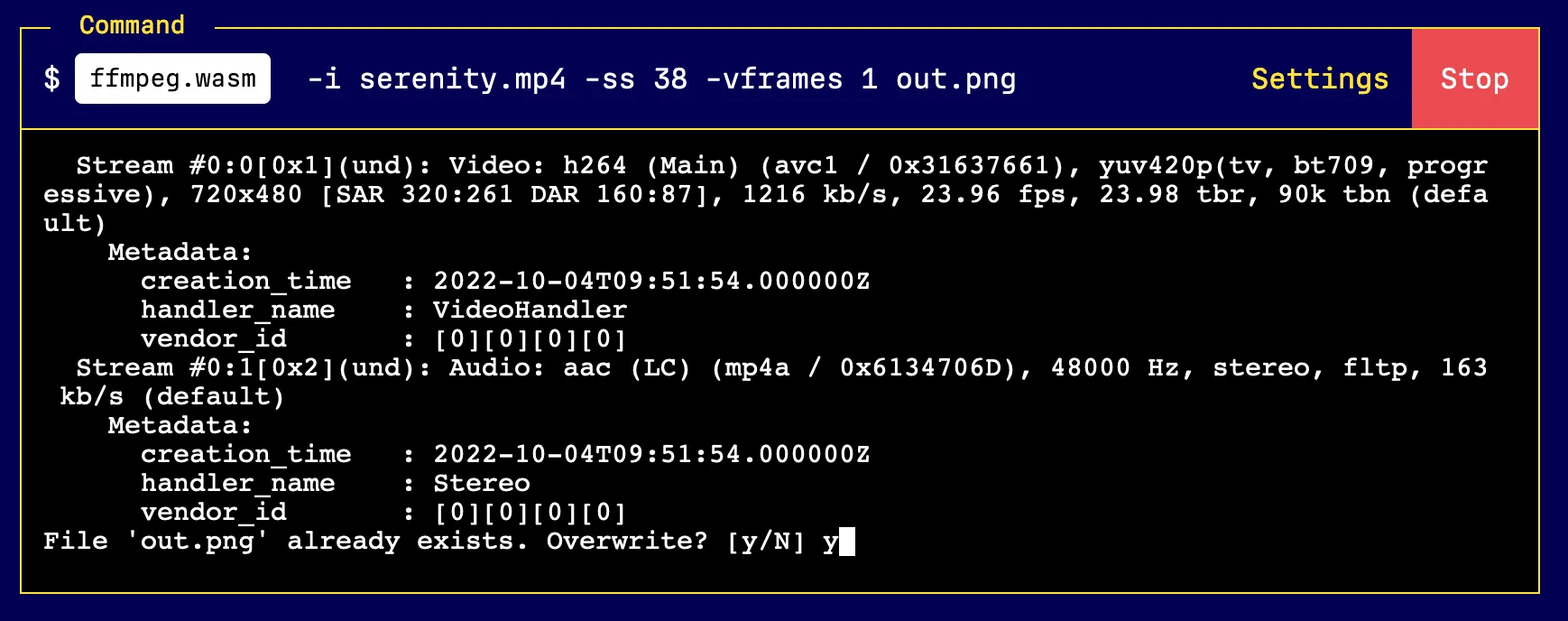 An input prompt with y appearing