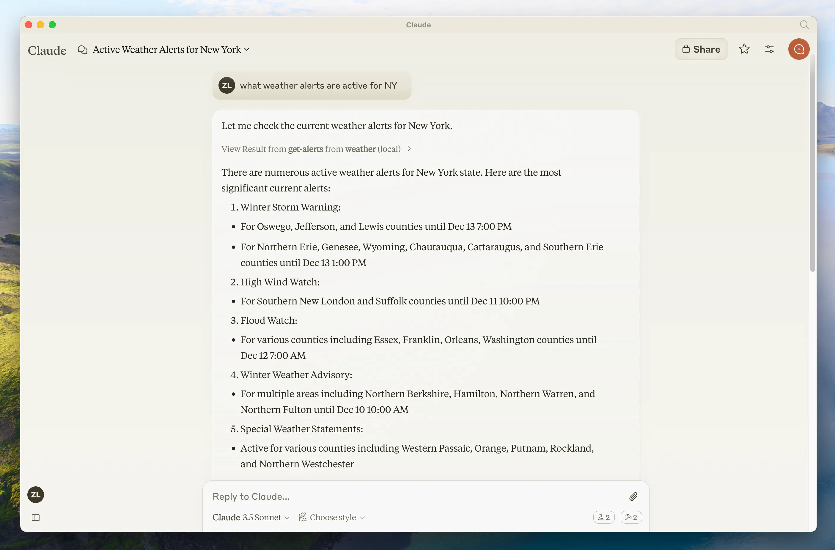 Screenshot showing Claude using an MCP tool to get the weather alerts for New York